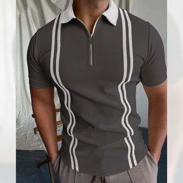Emerce - Zipper Striped Polo Shirt - GREY